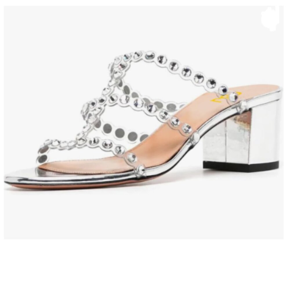 FSJ Silver Rhinestones Sandals Open Toe Block Heel Strappy Gladiator Sandal